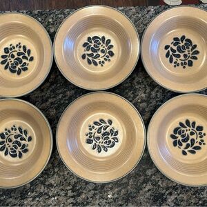 Pfaltzgraff Folk Art Elegant Tan and Blue Floral Bowls set of 6